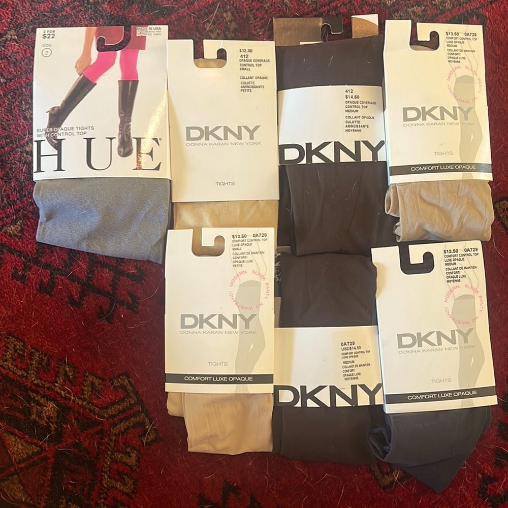 Collection of seven assorted leggings: Hue, DKNY. Size small/medium, never worn.